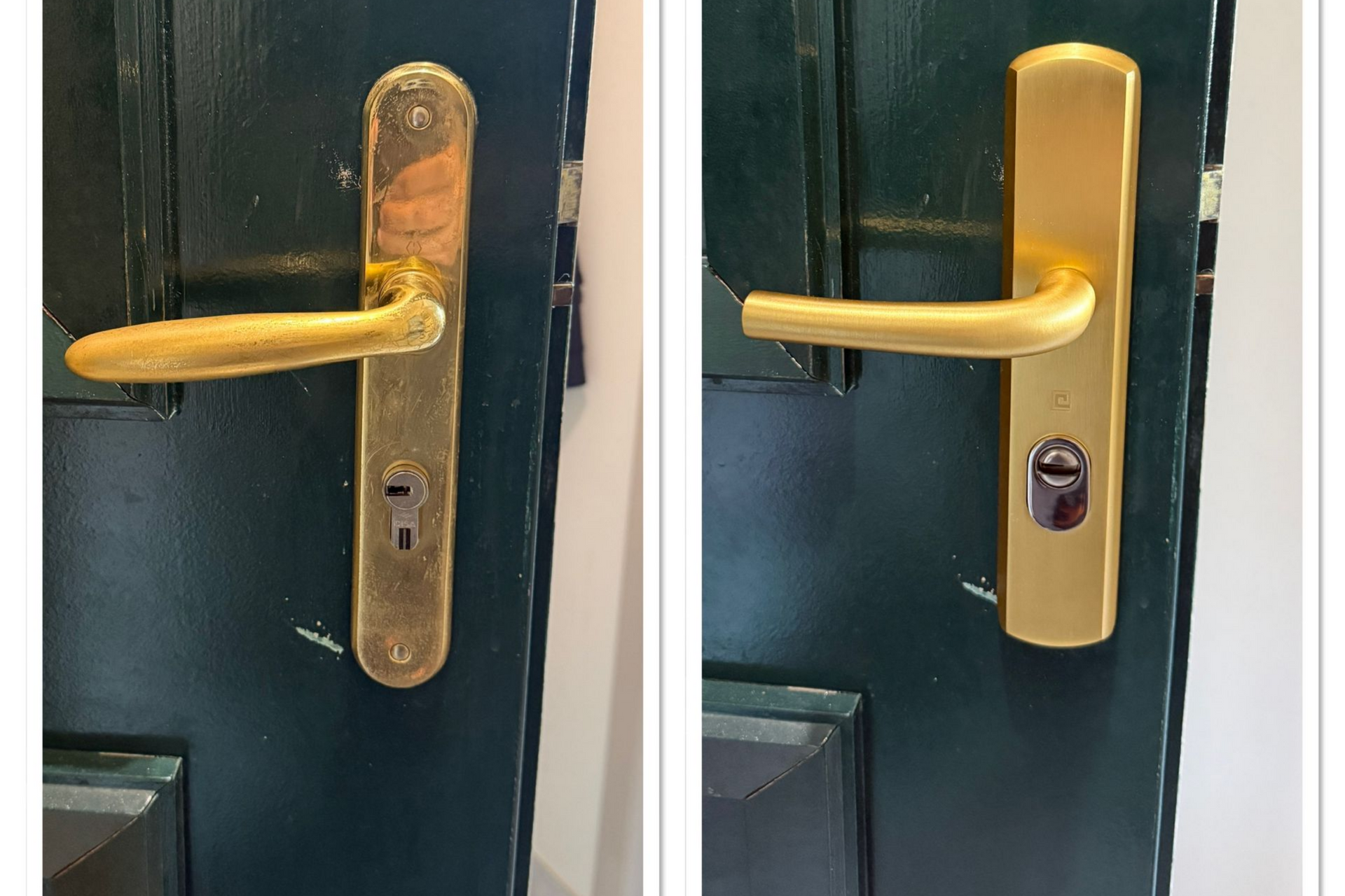 Photos côte à côte d'une poignée de porte en laiton usée et d'une poignée de remplacement polie sur une porte vert foncé.