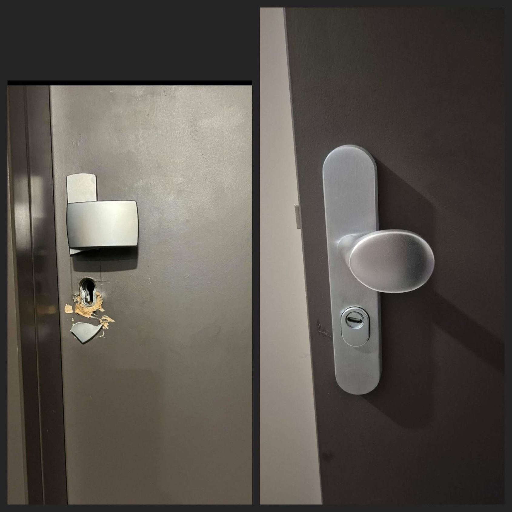 Gros plan sur une porte sombre avec une serrure et une poignée argentées, ainsi qu'un autocollant de dessin animé près de la serrure.