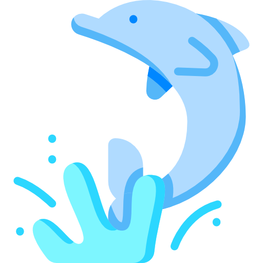 Dauphin bleu sautant au-dessus d’une éclaboussure bleu clair avec des gouttelettes d’eau sur fond blanc