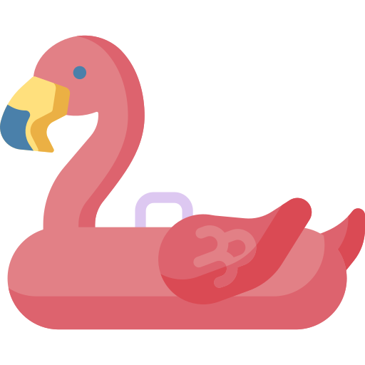 Bouée gonflable en forme de flamant rose, avec un bec bleu et jaune et une aile relevée