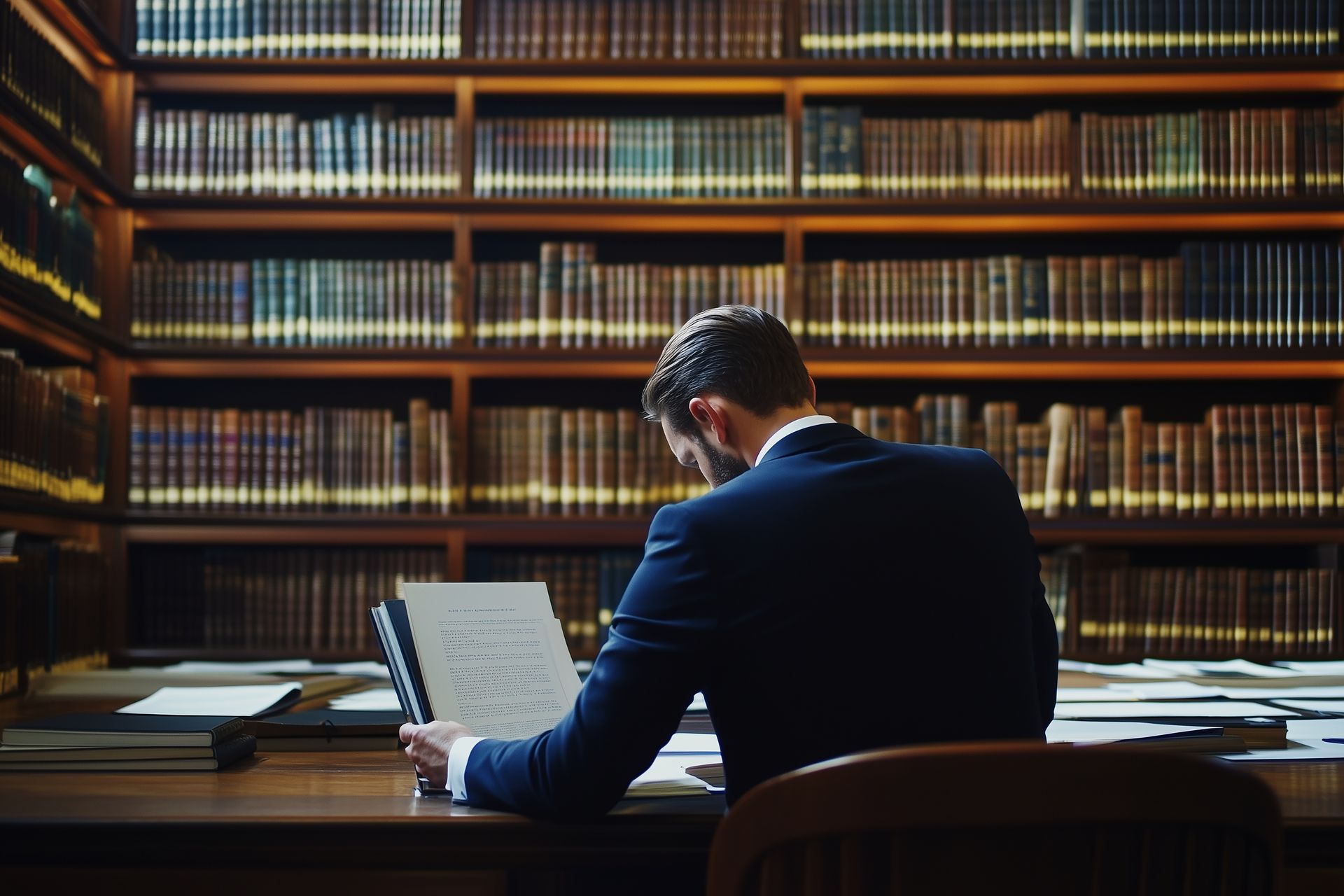 Un homme en costume est assis à un bureau dans une bibliothèque et lit un livre.
