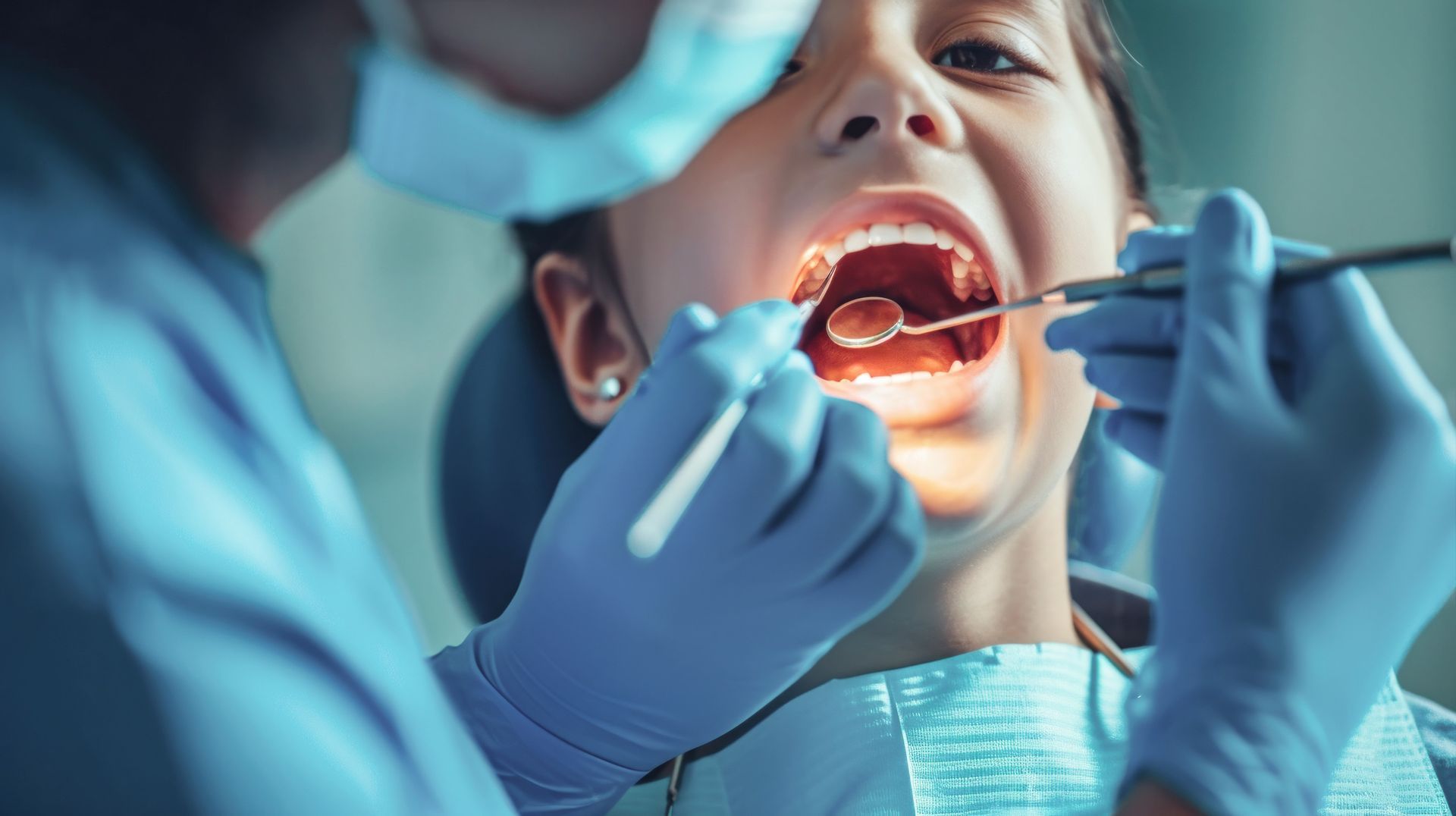 Niño en el sillón del dentista recibiendo un examen dental. El dentista usa un espejo e instrumental. Guantes azules