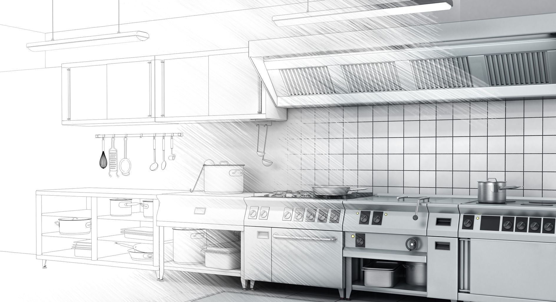 Une cuisine professionnelle équipée d'appareils de cuisson en acier inoxydable, d'une grande hotte aspirante et de murs carrelés.