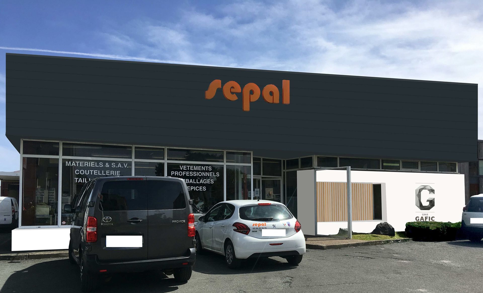 Façade commerciale grise avec enseigne Sepal, grandes vitrines et voitures garées devant.