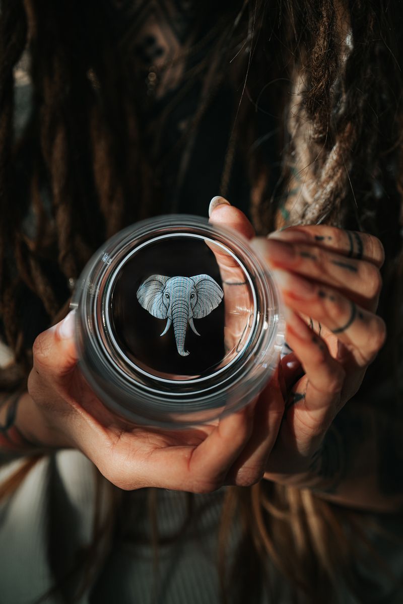 Eine Frau hält eine Münze mit einem Elefanten darauf.