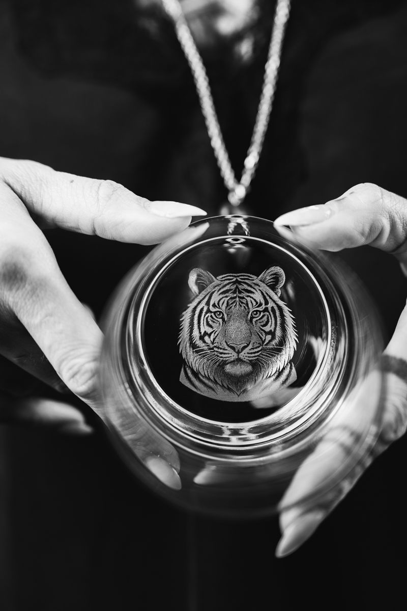 Eine Person hält einen Anhänger mit einem Tiger darin