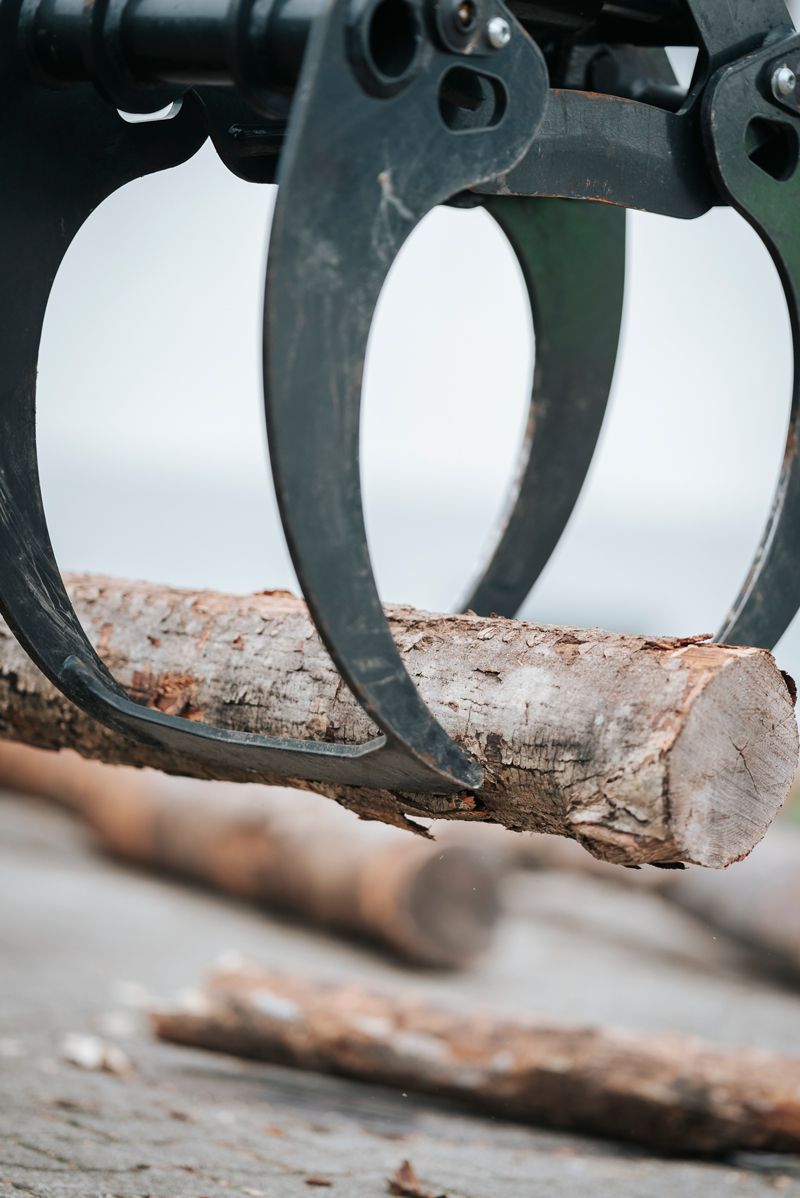 Eine Nahaufnahme einer Maschine, die Baumstämme auf einem Tisch hält.