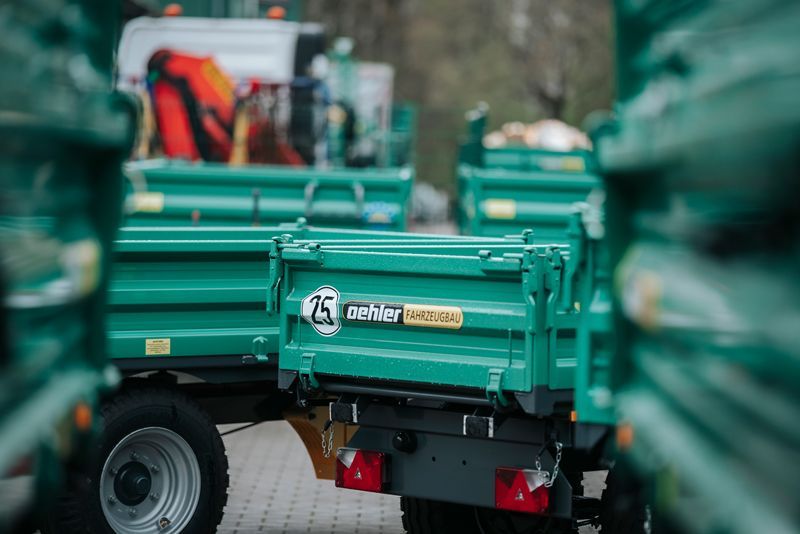 Eine Reihe grüner Muldenkipper, die nebeneinander geparkt sind.
