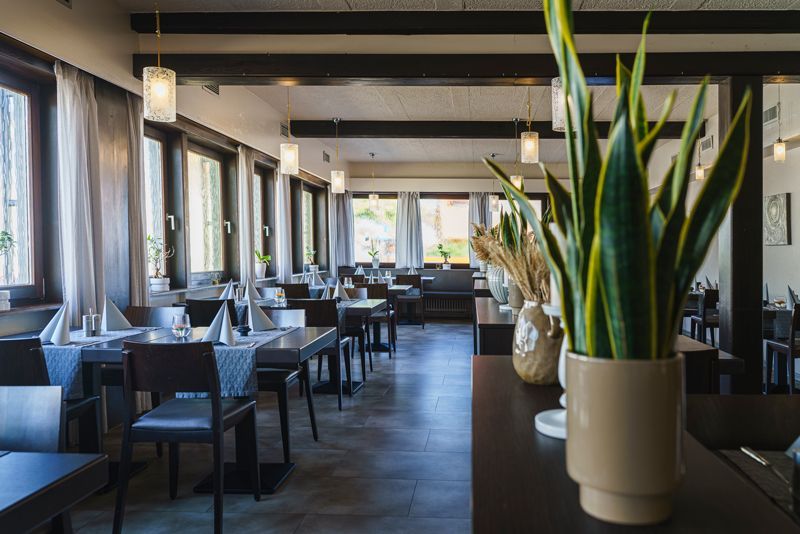 Ein Restaurant mit Tischen und Stühlen und einer Topfpflanze auf der Theke.