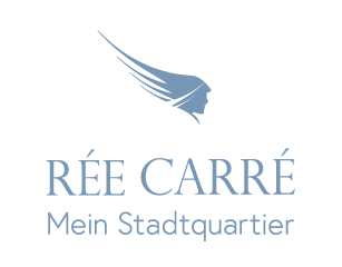 Ein blau-weißes Logo für ree carre mein stadtquartier