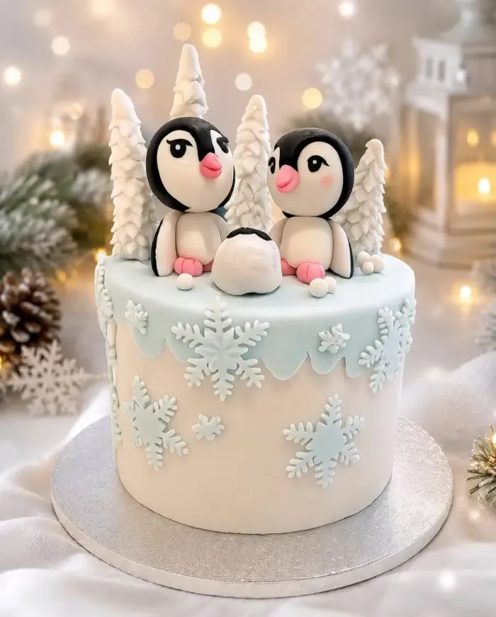 Tarta blanca decorada con copos de nieve y dos figuritas de pingüinos en una escena invernal nevada.