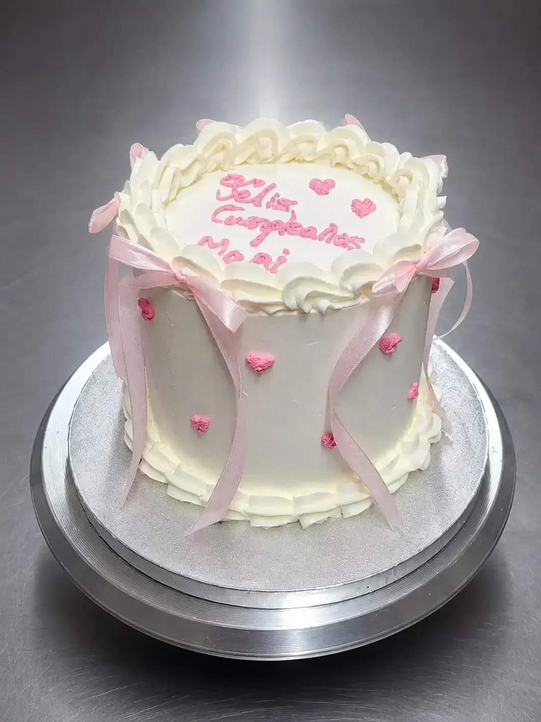 Tarta blanca glaseada con detalles de cinta rosa y letras rosas, presentada sobre una base plateada para tartas.