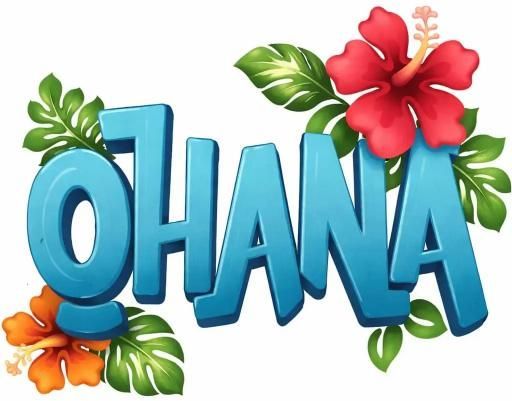 Texto azul en 3D “OHANA” con flores tropicales y hojas verdes sobre un fondo blanco.