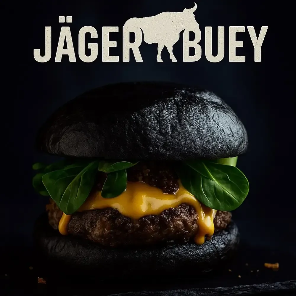 Hamburguesa negra con queso fundido y verduras; logotipo de “Jäger Buey” con silueta de un toro.