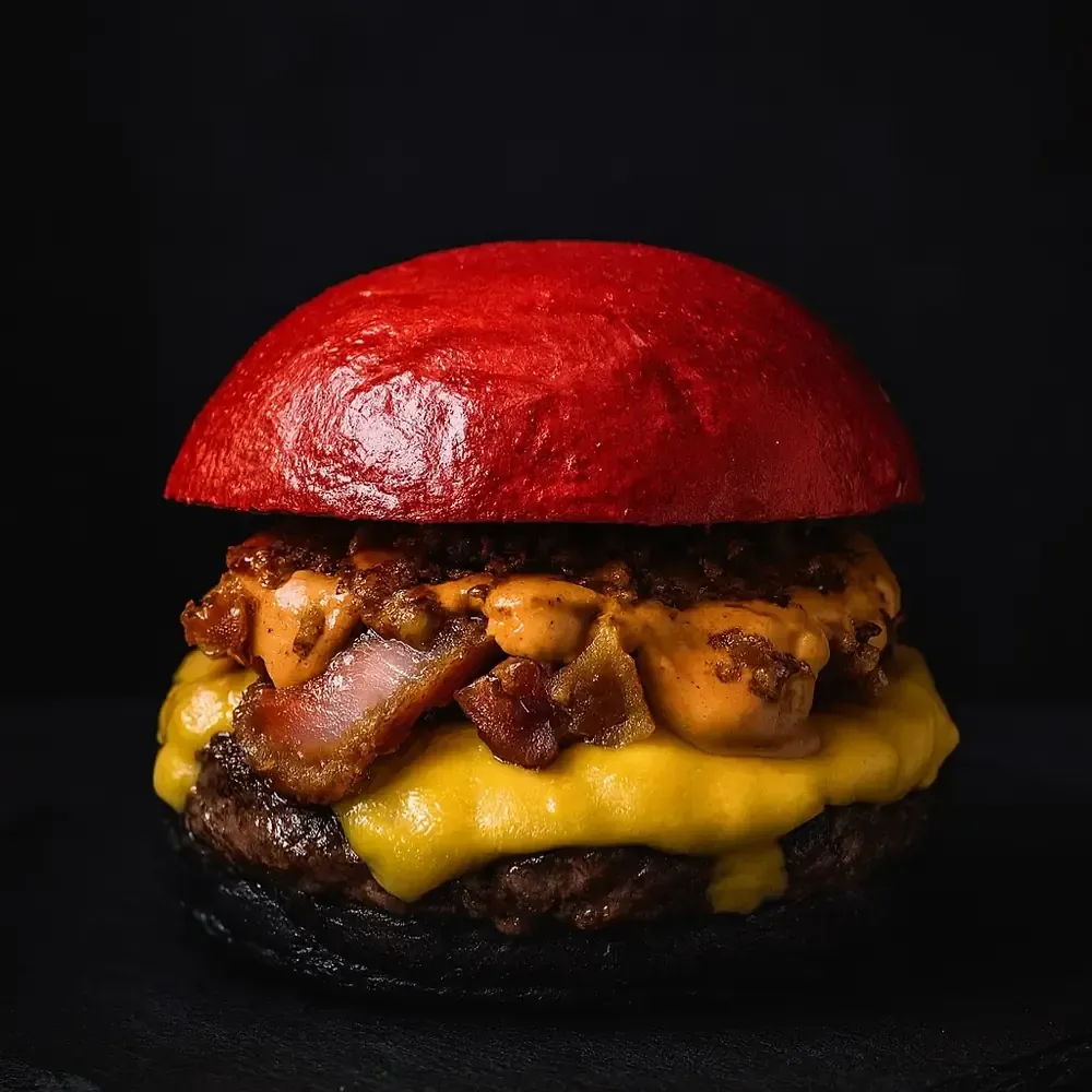 Hamburguesa de pan rojo con tocino y queso sobre una superficie negra.