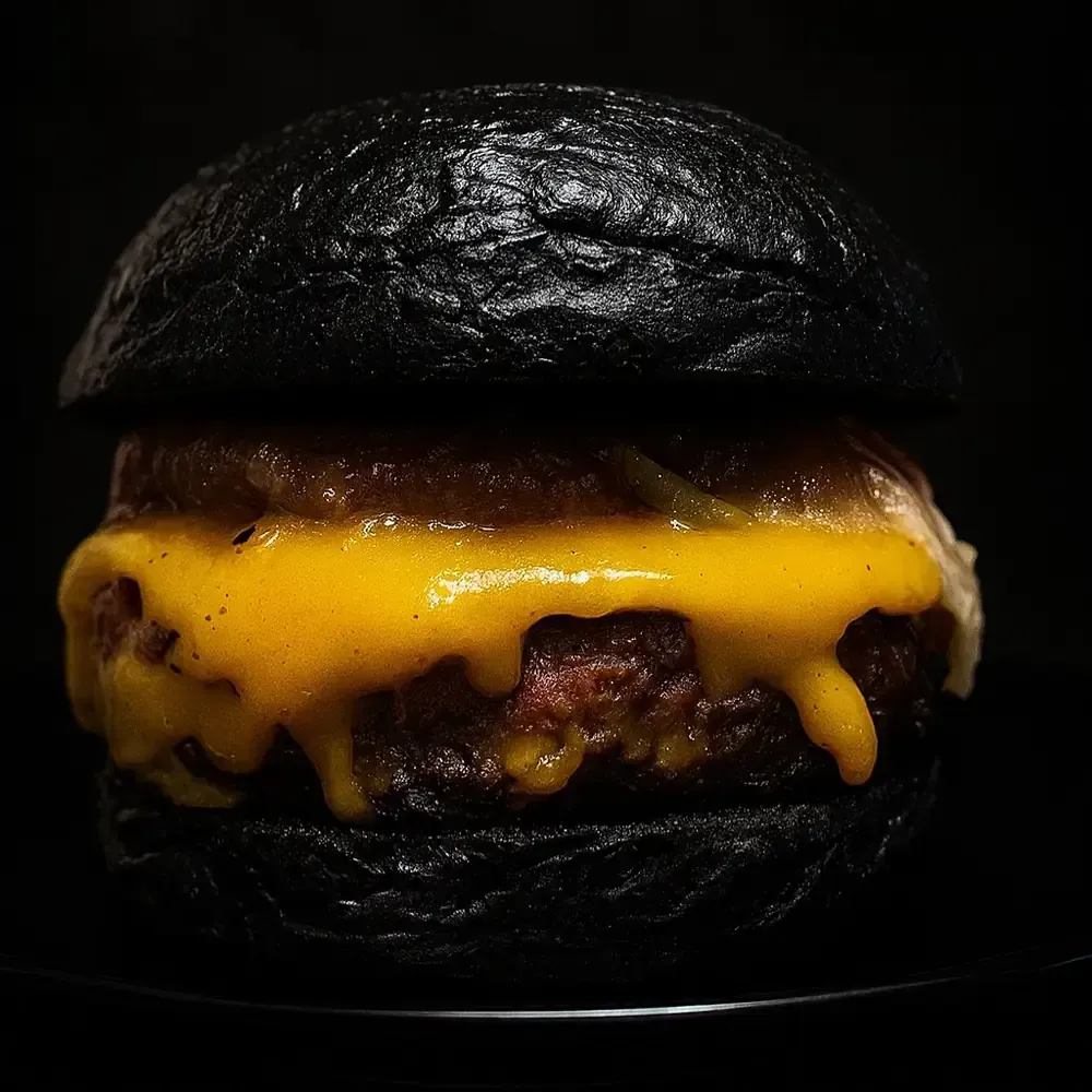 Hamburguesa negra con queso naranja derretido sobre un plato negro, sobre un fondo oscuro.