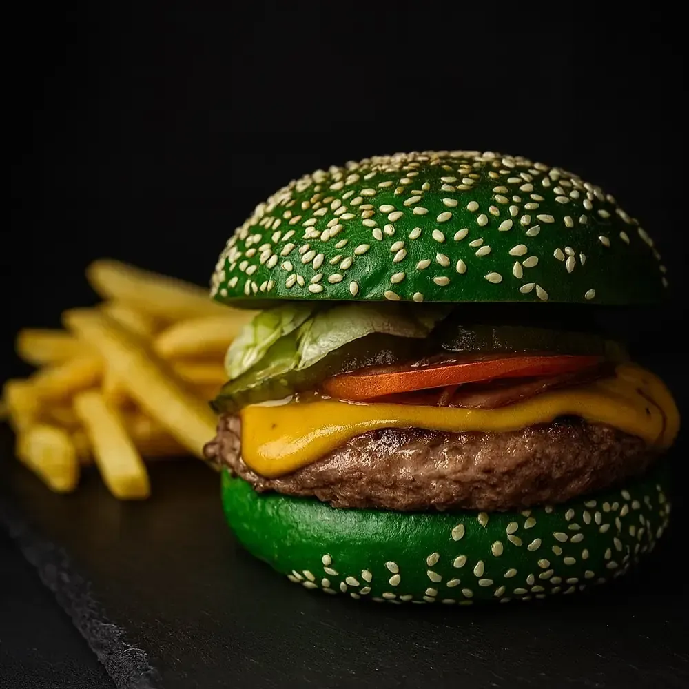 Hamburguesa verde con semillas de sésamo, queso, pepinillos, lechuga y patatas fritas sobre fondo negro.