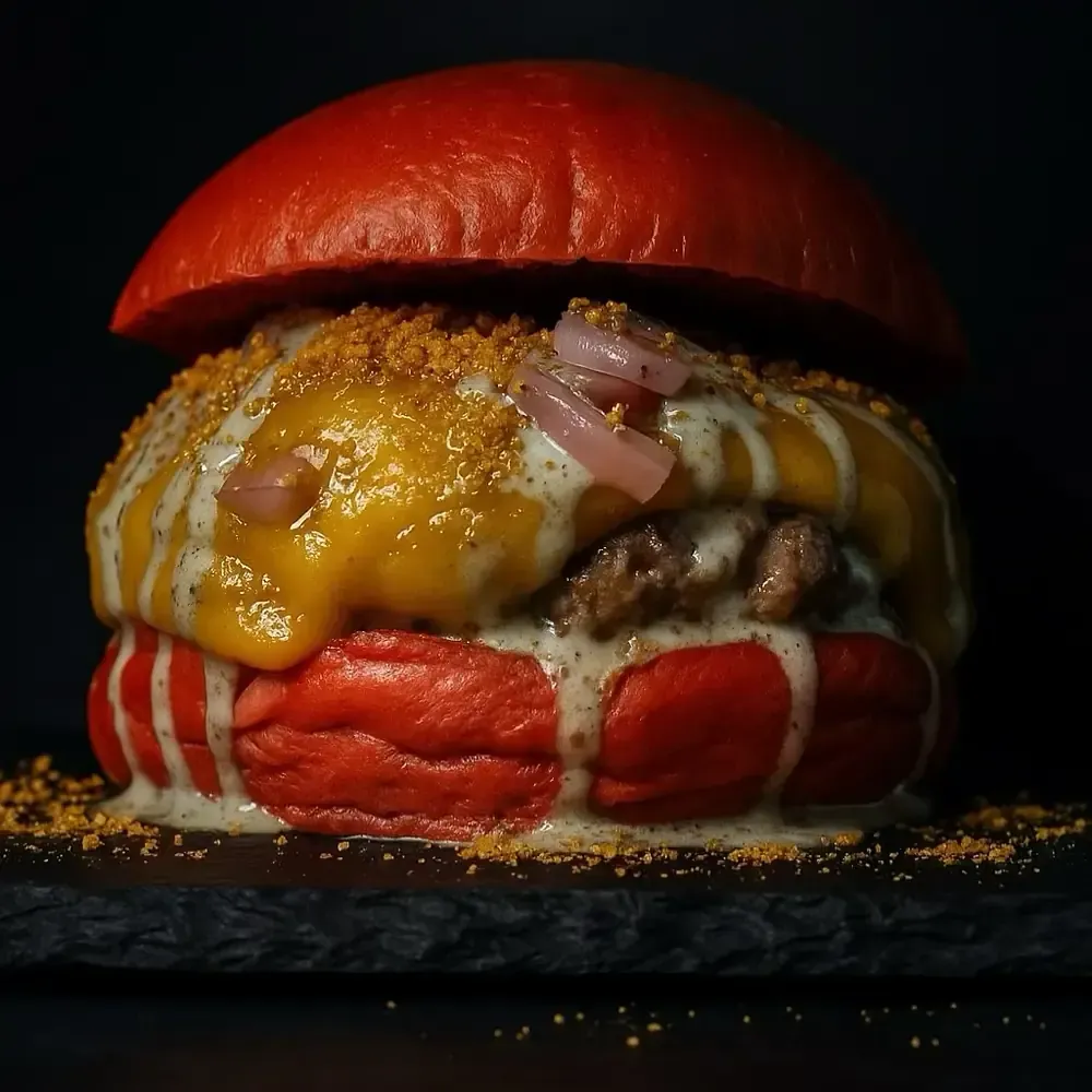 Hamburguesa de pan rojo con queso, salsa, cebolla y migas sobre una superficie negra.