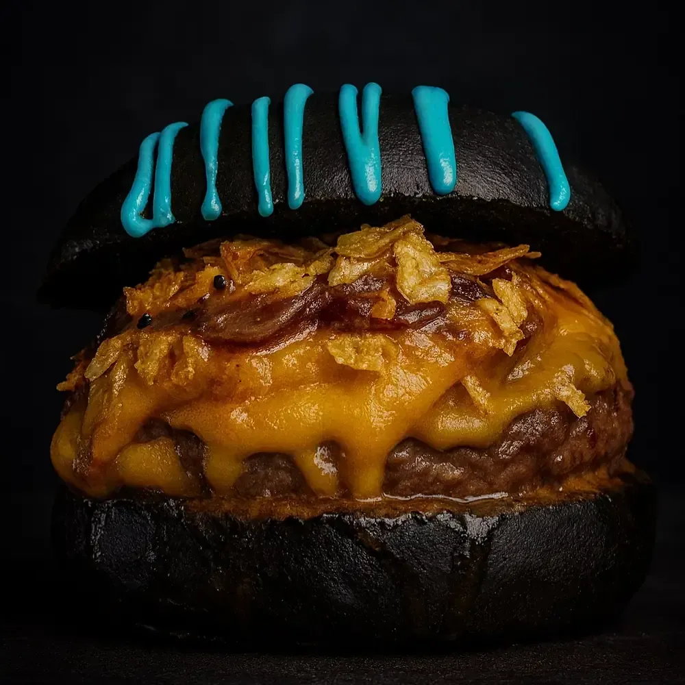 Hamburguesa negra con queso, cebollas crujientes y un chorrito de salsa azul sobre un fondo oscuro.