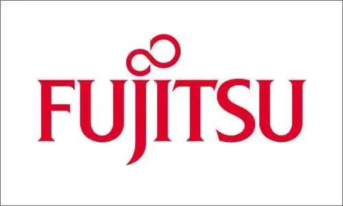 El logotipo de Fujitsu es rojo y blanco sobre un fondo blanco.
