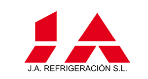 Un logotipo para JA Refrigeracion SL con triángulos rojos sobre fondo blanco.