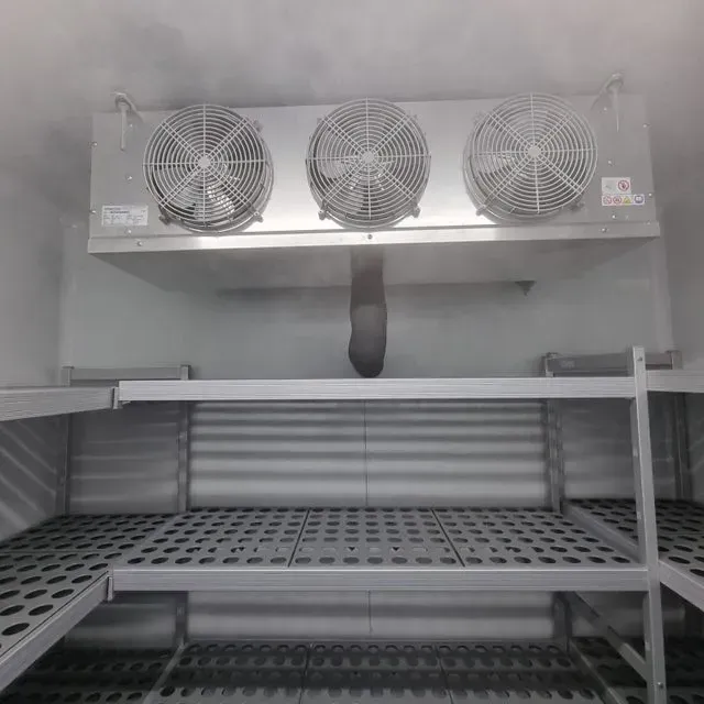Una habitación con estantes y tres ventiladores en el techo.