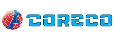 Un logotipo azul y rojo para Coreco con un globo terráqueo en el medio.