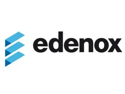 Un logotipo de Edenox con una flecha azul sobre un fondo blanco.