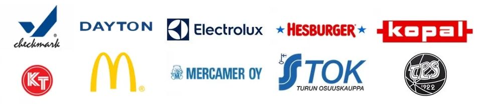 Useiden yritysten logoja valkoisella taustalla, mukaan lukien Dayton, Electrolux, Hesburger, KOPAL, McDonald's, Mercamer Oy ja STOK.