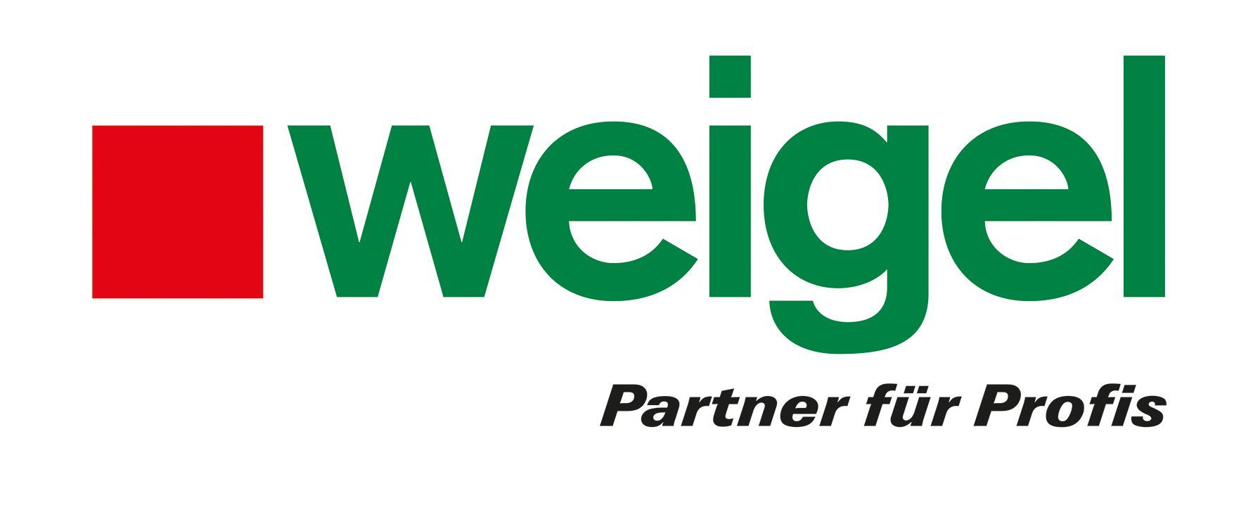 Logo für Weigel mit rotem Quadrat, grünem Text und darunter „Partner für Profis“.