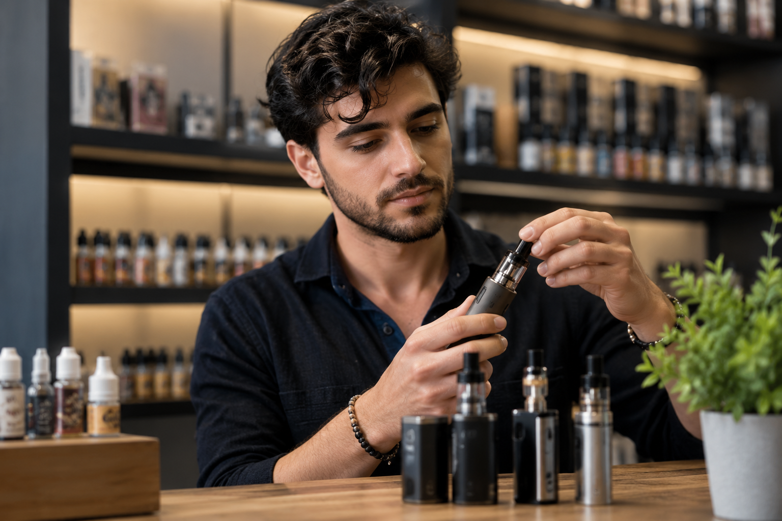 Une personne examine un flacon compte-gouttes sur le comptoir d'un magasin