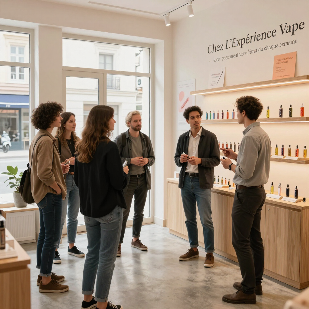 Des gens discutent dans une boutique de cigarettes électroniques lumineuse