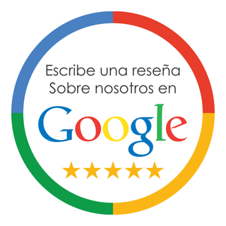 Un logotipo circular y colorido que invita a los usuarios a escribir una reseña en Google, con cinco estrellas doradas en la parte inferior.