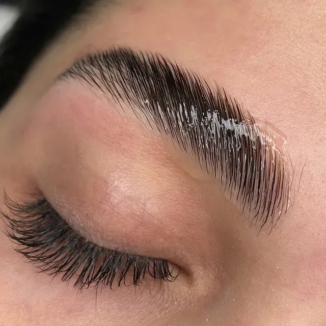 Un primer plano del ojo de una mujer con pestañas largas y una ceja brillante.