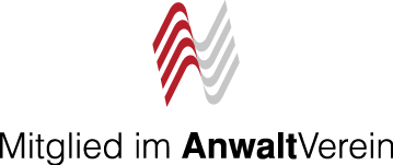 A red and white logo for mitglied im anwaltverein
