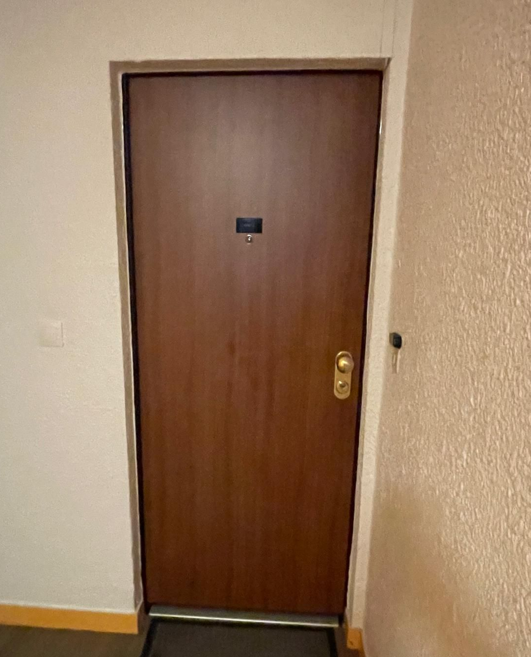 Porte blindée marron dans un couloir.