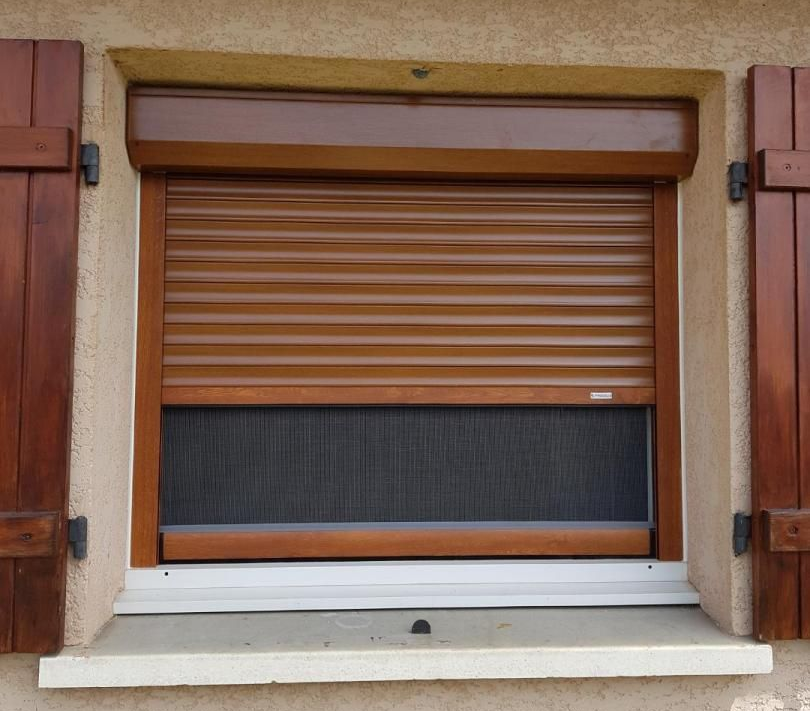 Fenêtre brune avec volet roulant et moustiquaire en partie basse.