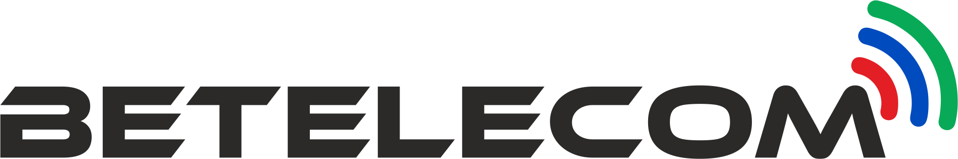 Logotipo de BETELECOM con texto negro y símbolo similar a una antena en verde, azul y rojo.