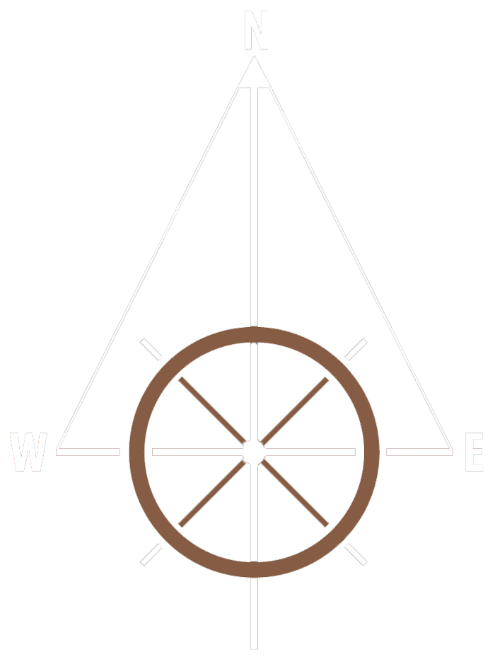 Καφέ σύμβολο στόχου πάνω από ένα ανοιχτό γκρι τρίγωνο που δείχνει προς τα πάνω με τις αιχμές της πυξίδας.