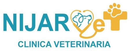 A blue and yellow logo for nijar vet clinica veterinaria