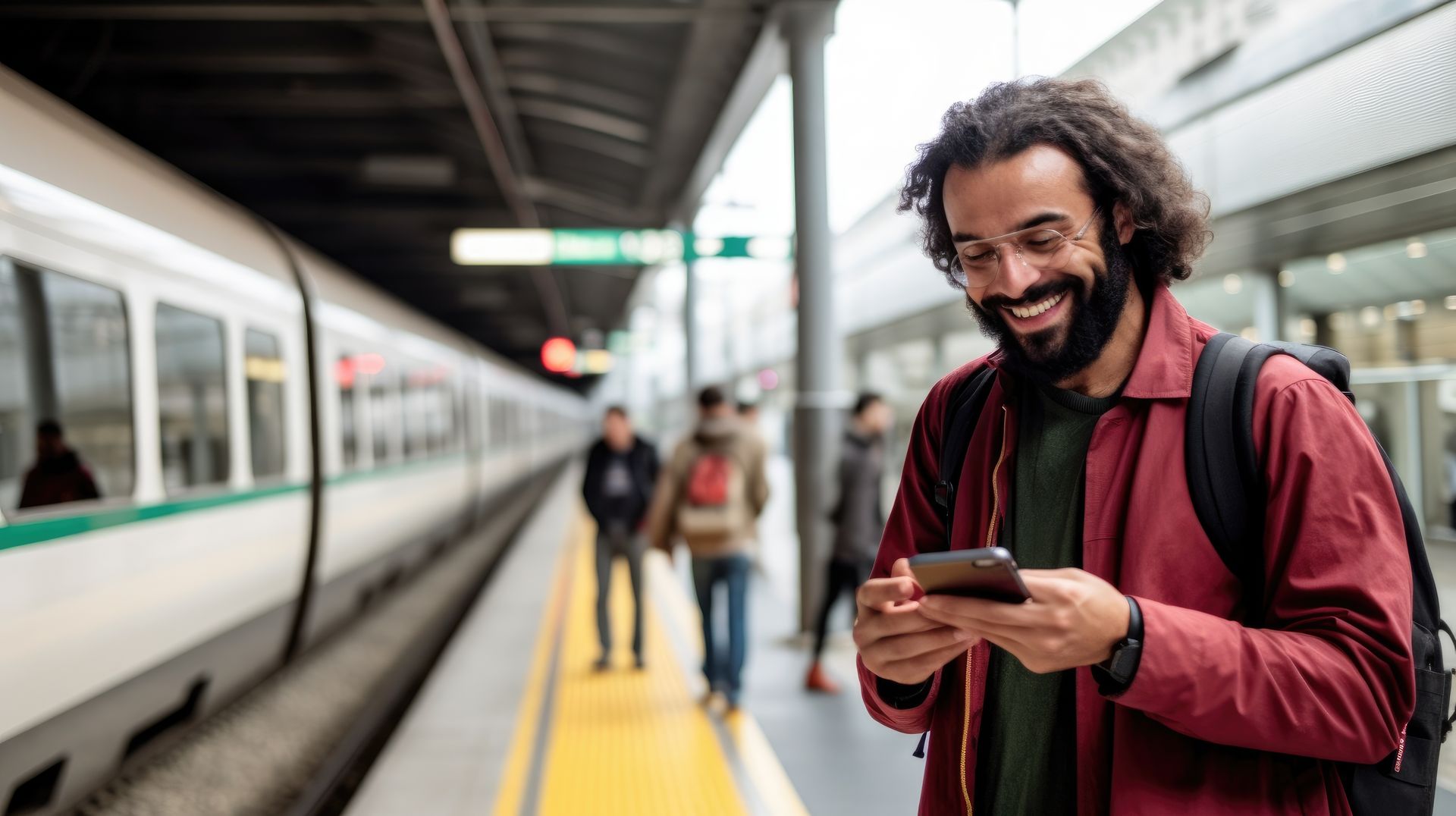 Homme souriant qui attend son train en regardant son téléphone