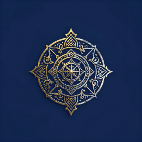 Medallón ornamental de mandala dorado sobre fondo azul oscuro