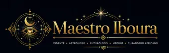 Logotipo dorado de “Maestro Iboura” con una luna creciente y estrellas sobre fondo negro, con un pequeño texto decorativo debajo.