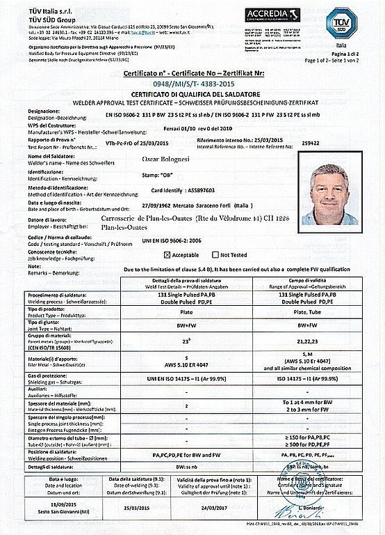 Certificat qualification Ferrari 2015