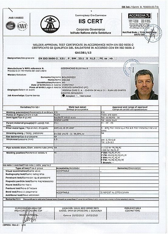 Certificat qualification Ferrari 2013