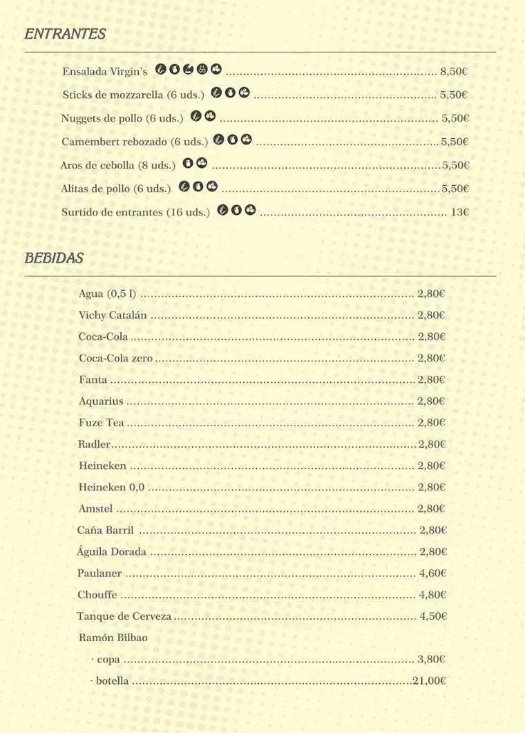 Un menú de restaurante de color amarillo pálido que enumera entrantes, bebidas y varias hamburguesas con descripciones y precios.