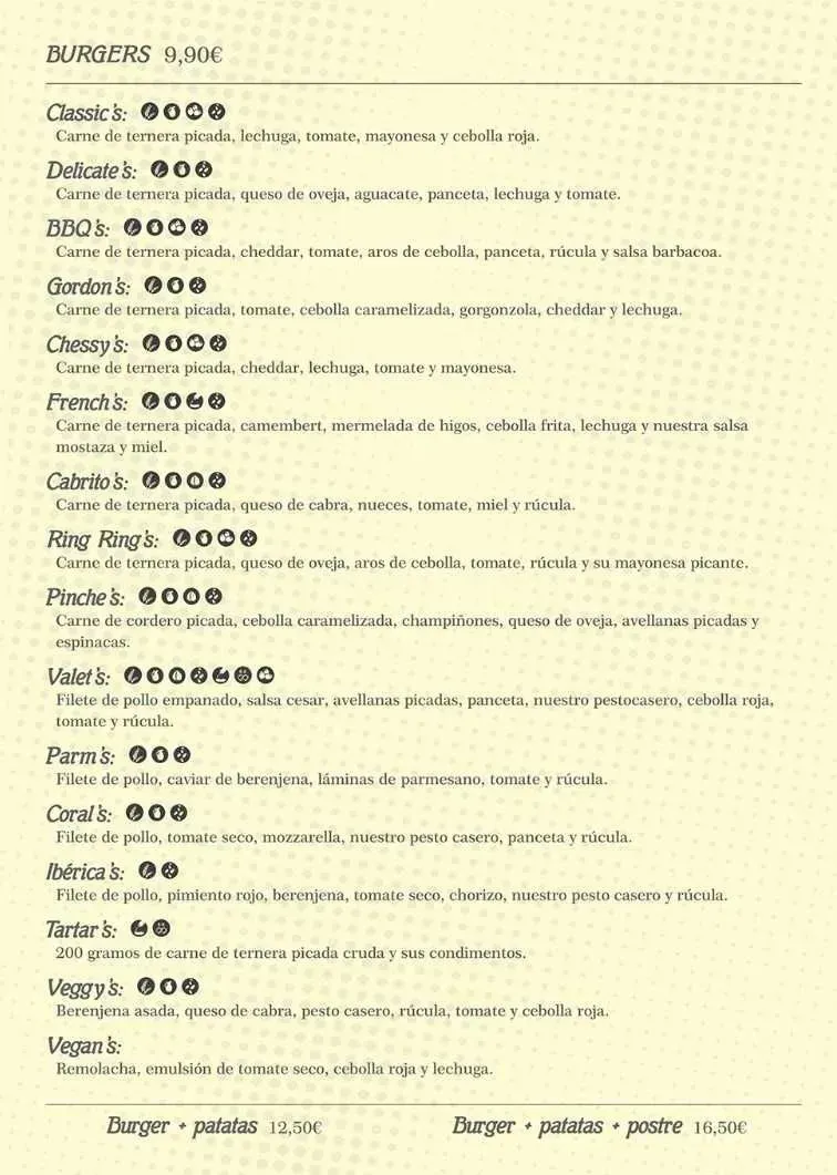 Un menú de restaurante de color amarillo pálido que enumera entrantes, bebidas y varias hamburguesas con descripciones y precios.
