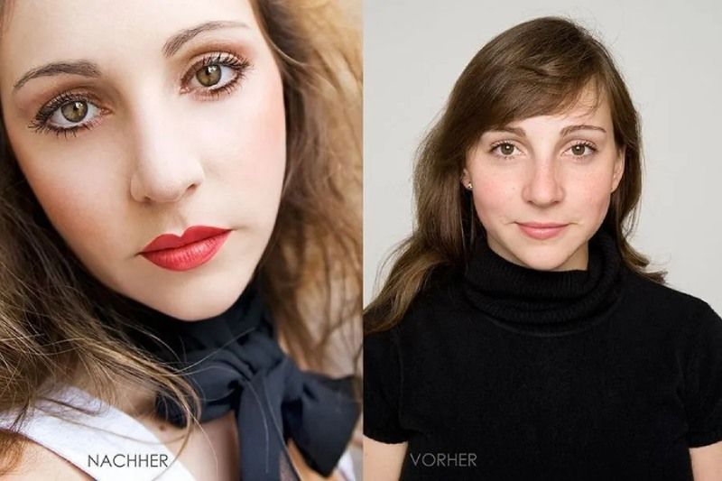 Nebeneinander angeordnete Porträts, die einen makellosen Make-up-Look einer Frau in einem schwarzen Oberteil mit den Beschriftungen „before“ und „after“ zeigen.