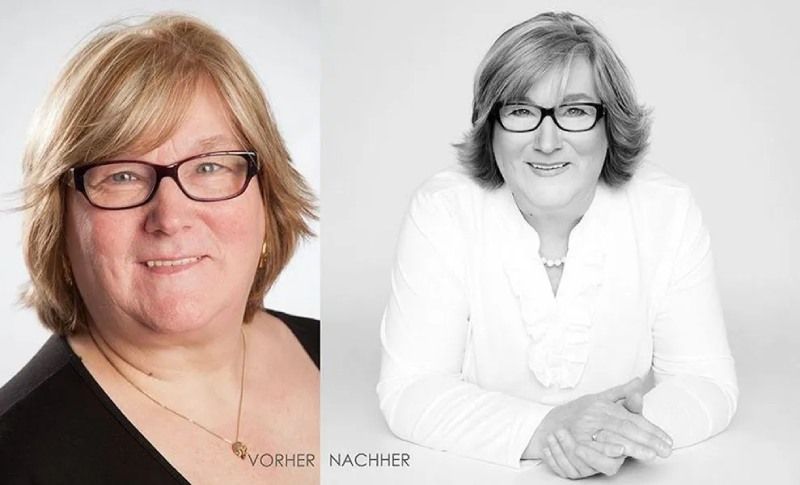 Nebeneinander angeordnete Porträtfotos einer Person mit Brille: ein farbiges Porträtfoto und ein weißes Studio-Porträt.