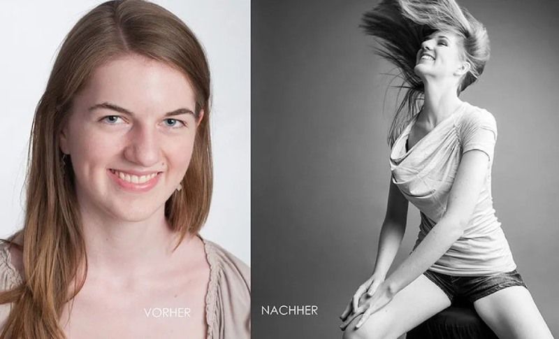 Nebeneinander angeordnetes Porträt und Schwarz-Weiß-Studiofoto einer lächelnden Frau in einem weißen Oberteil.
